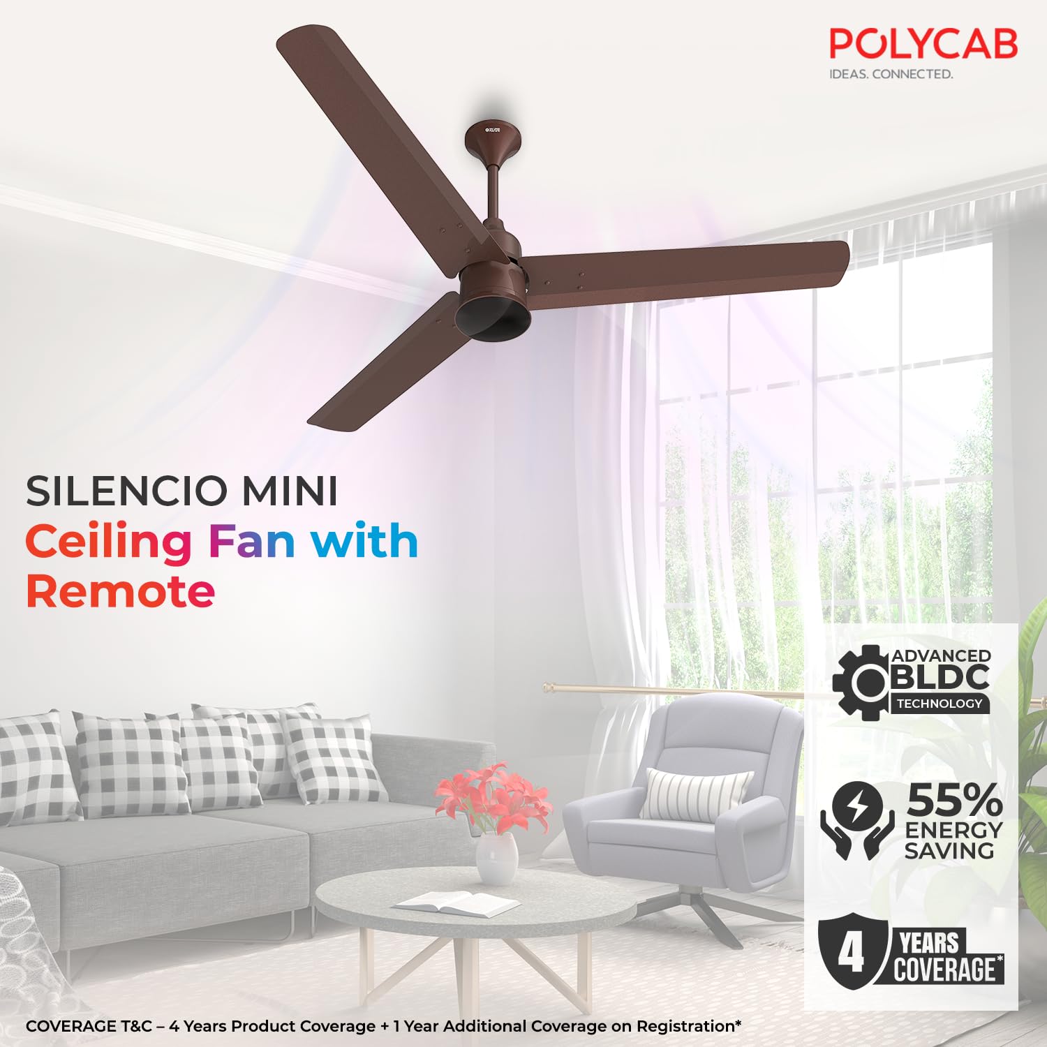 Ceiling fan with remote control in a living room setting, featuring Polycab brand.