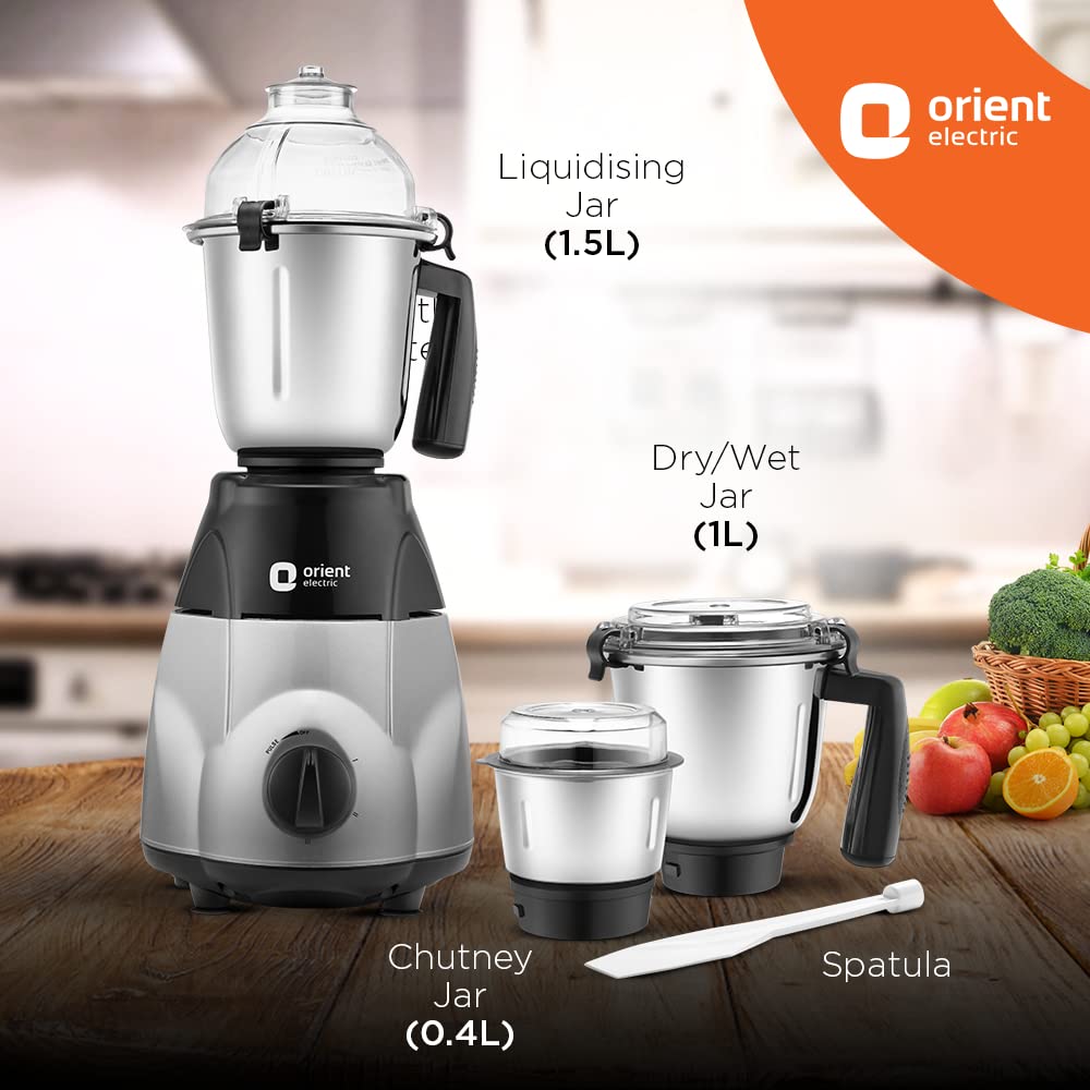 Orient Electric Mixer Grinder 1200W jas Liquidising Jar 1.5L, Dry /wet Jar -1L,  Chuntney Jar 0.4K and Spatula 