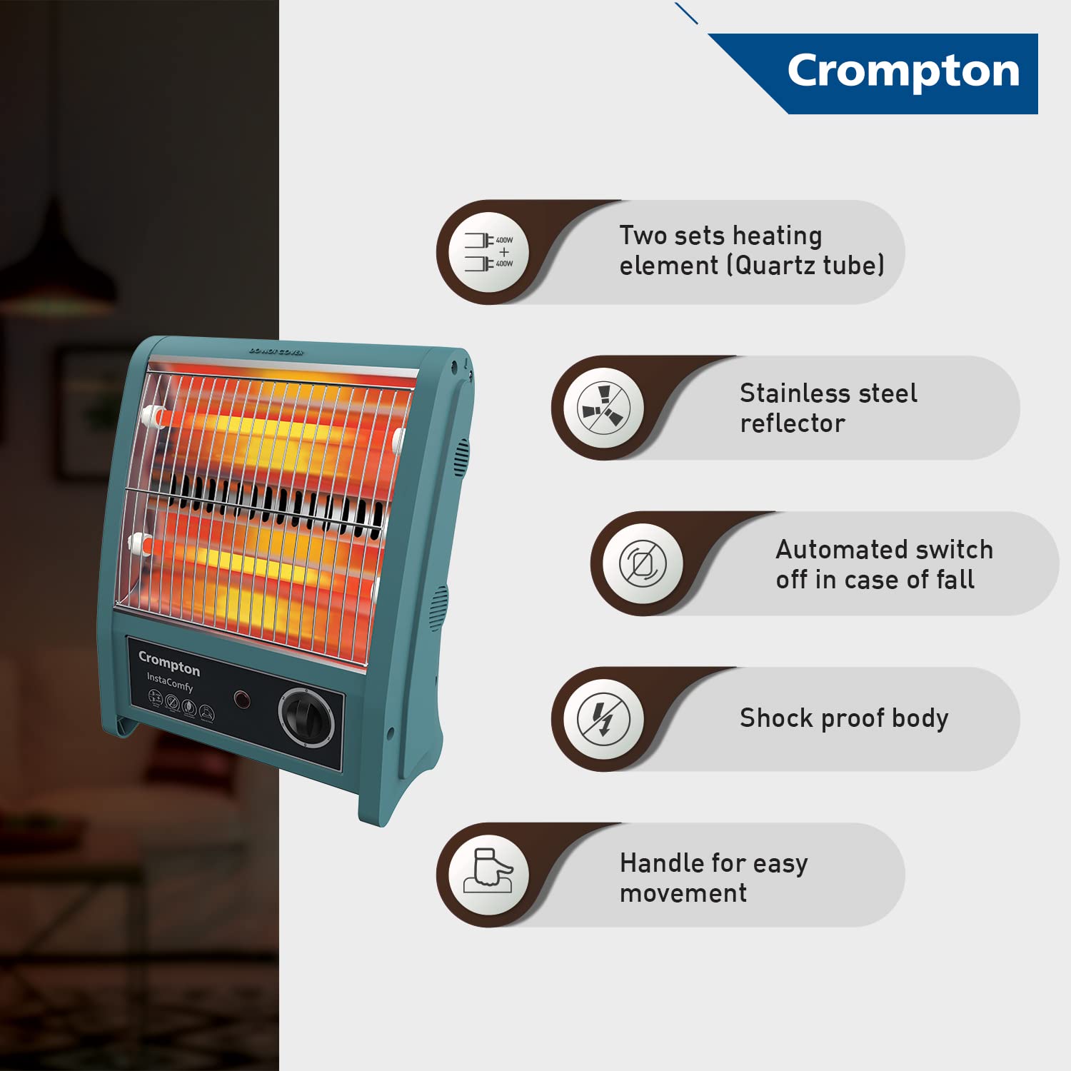 Crompton Insta Comfy 800 Watt Quartz Room Heater (Grey Blue)