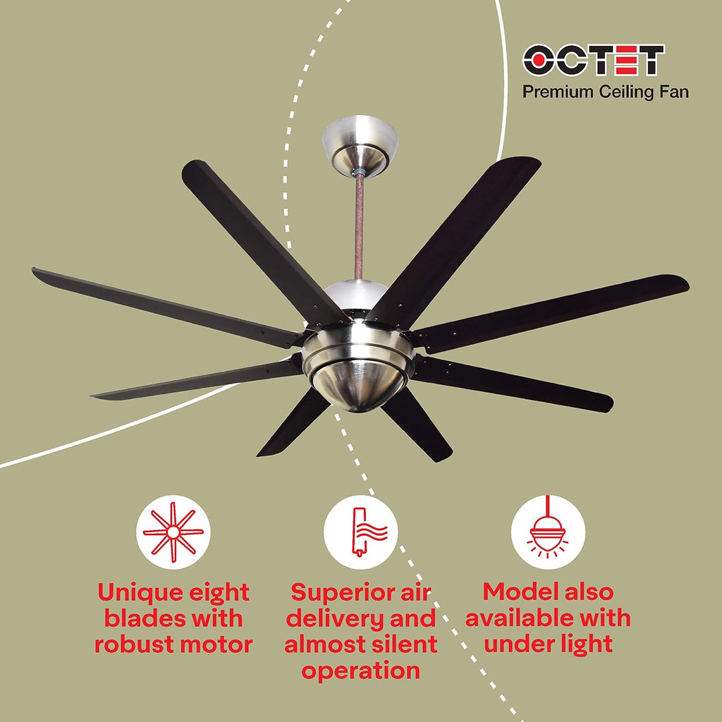 Havells Octet 1320mm 8-blades Premium Ceiling Fan | Wenge-Brushed Nickel