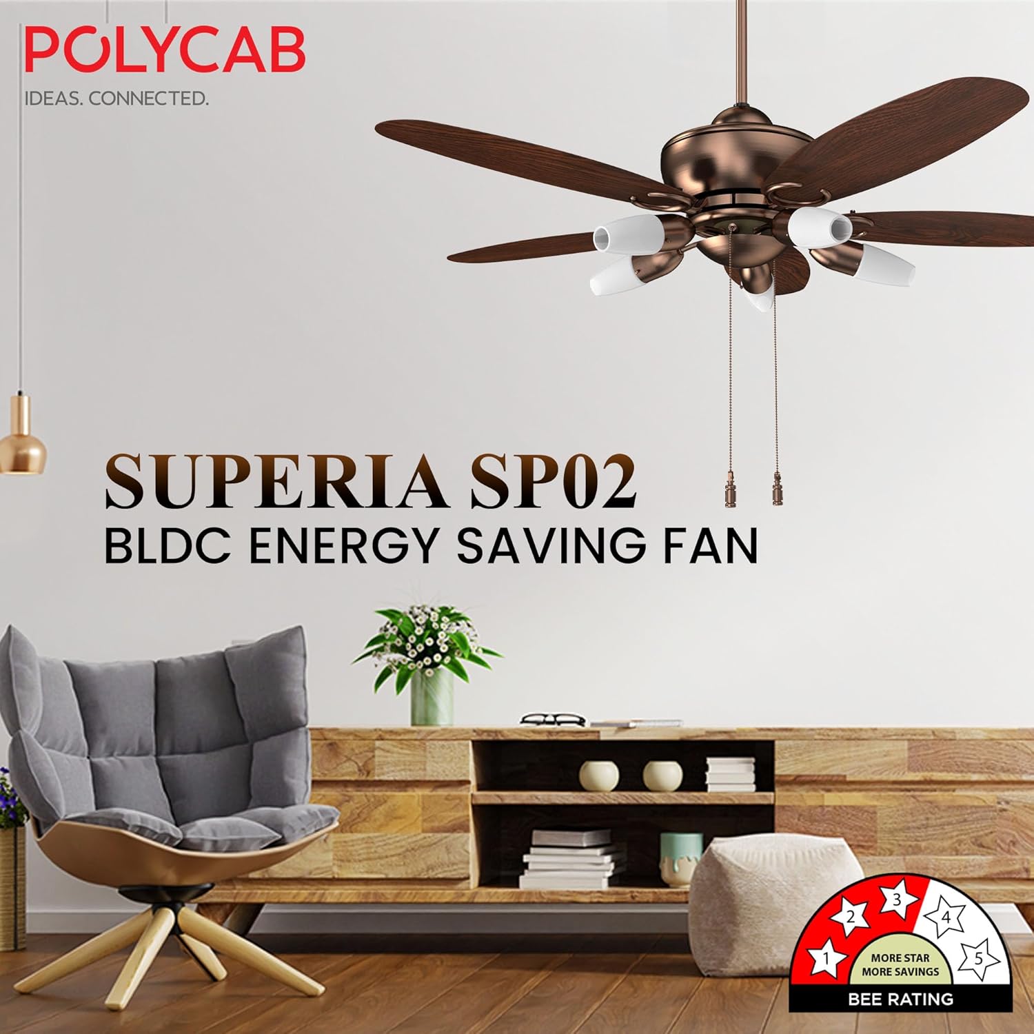 Ceiling fan with Polycab branding in a modern living room setting