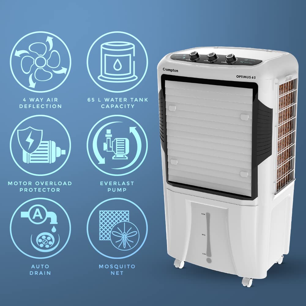 Crompton optimus Cooler has many features like 4 way deflection , 65L Water tank Capacity , motor overload protector , everlast Pump , Auto Drain and mosquito network . 