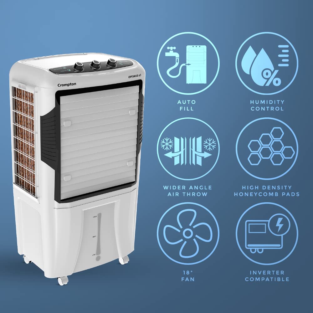 This Optimus Cooler has auto fill water tank , Humdity Control , Woder Angke Air throw , High Density Honey comb pads , Inverter Compaiable 