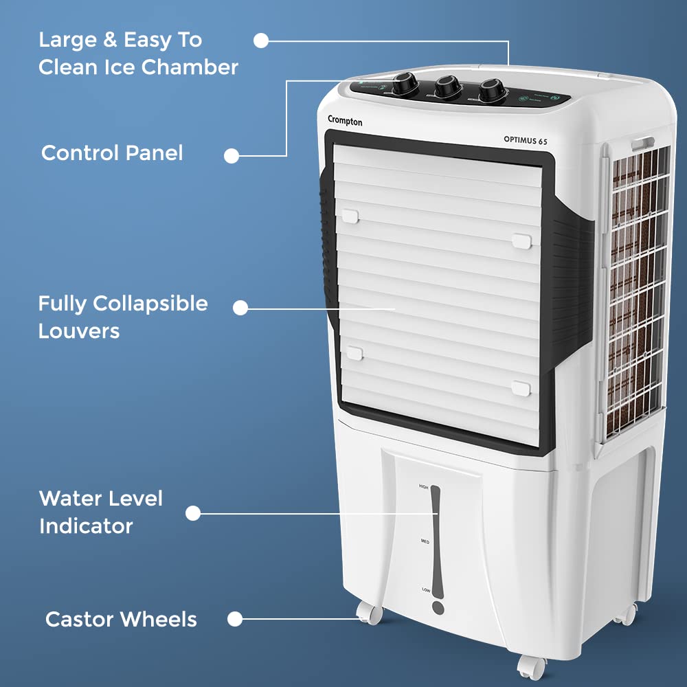 This cooler has multi functions like Large & Easy ICe Chamber  to Clean Ice Chamber , Control Panel , Fully Collapsible Louvers , Water level Indicator and Castor Wheel 