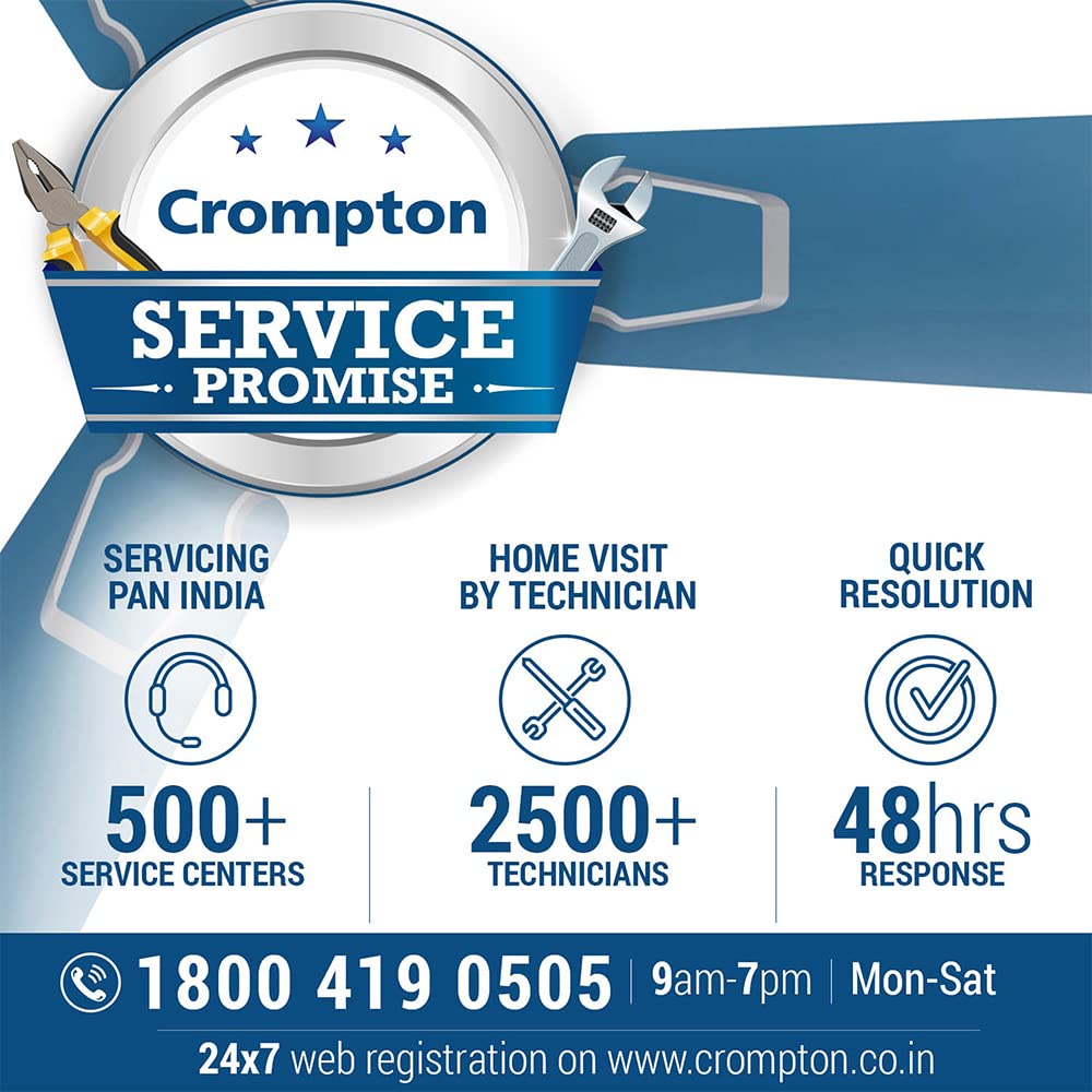 A Crompton customer care number is provided in this image with pan India servuce , Home visit by technician and a Quick resolution
