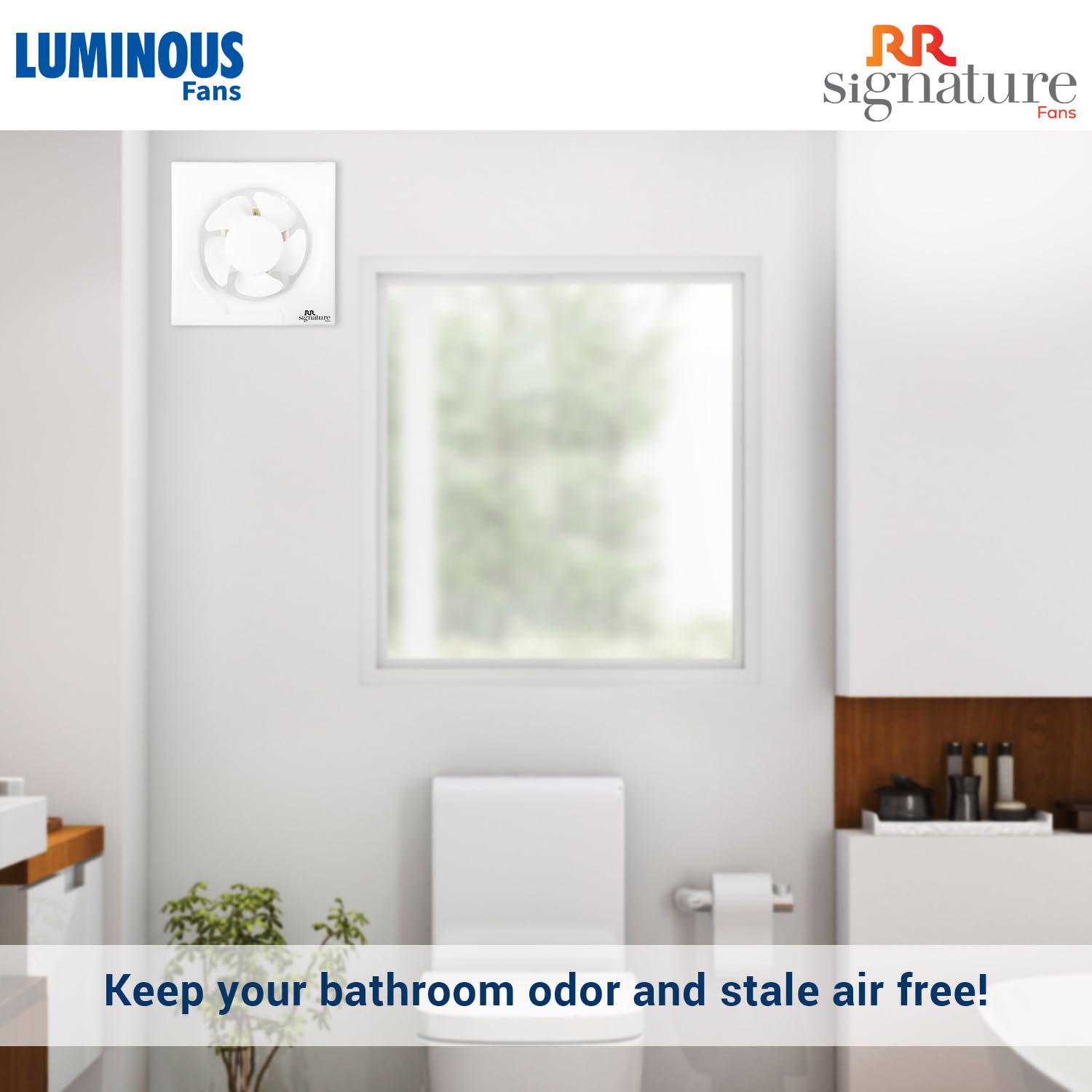Bathroom with a window and Luminous Fans branding