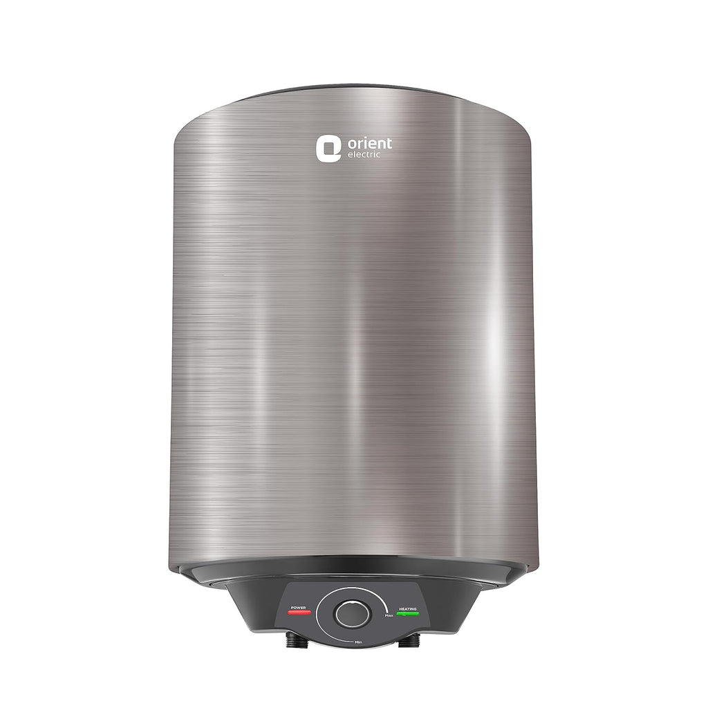 A silver-colored Orient electric water heater with a digital display and temperature control knob.