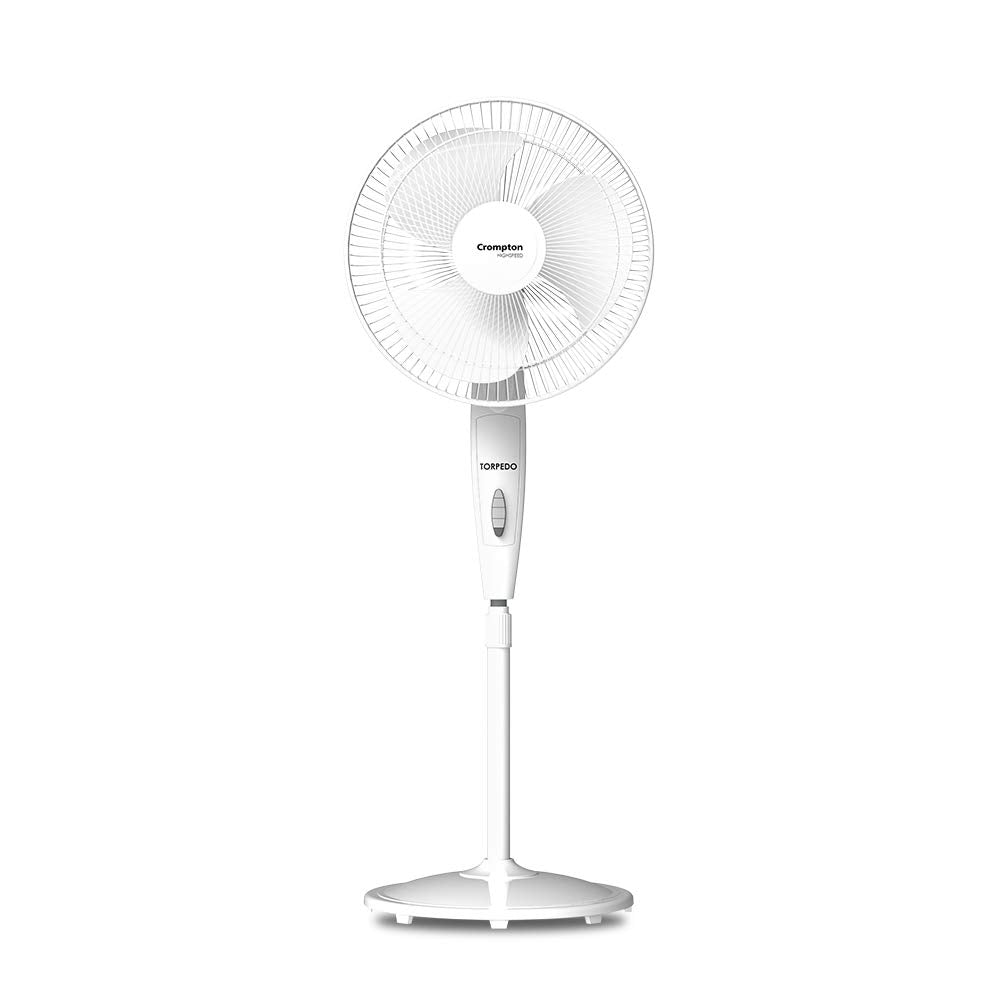 A white Crompton HighSpeed Torpedo 400mm Pedestal Fan with a circular base and a long stand, set against a white background.