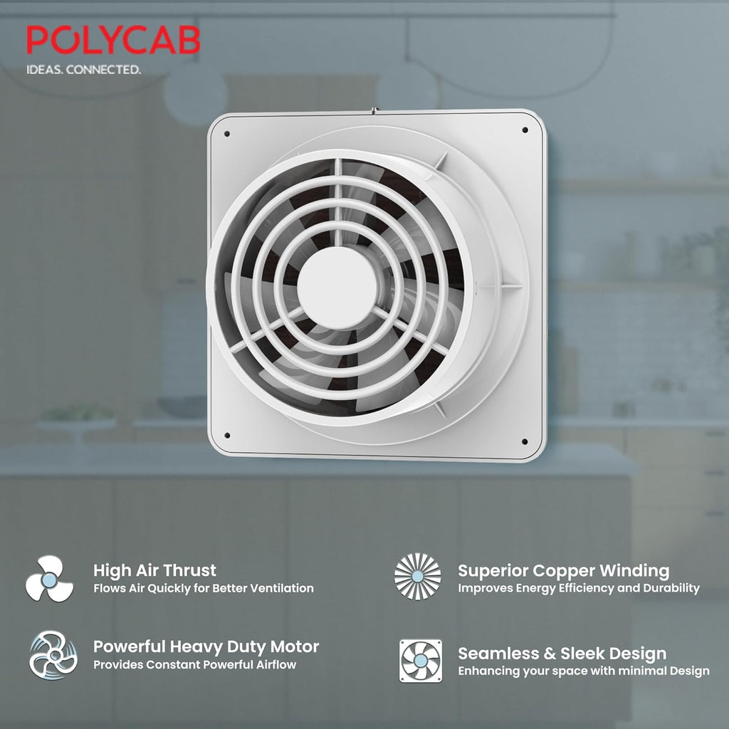 The exhaust fan has high air thrust and superior copper winding , powerful heavy duty motor and has seamless and sleek dsign 