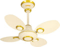 A ceiling fan with four blades in a light beige color, featuring a central light fixture.