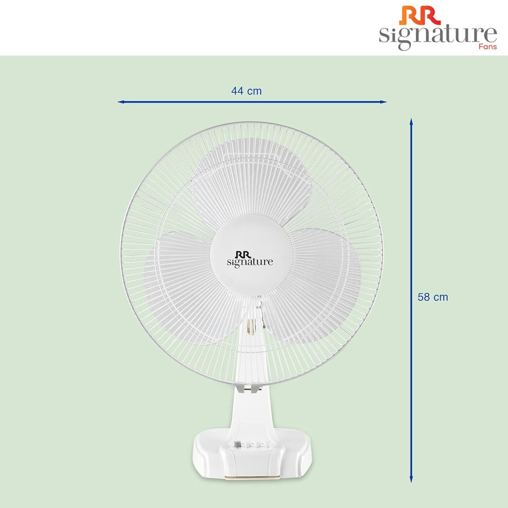 White table fan with dimensions on a light green background, featuring the RR Signature logo.