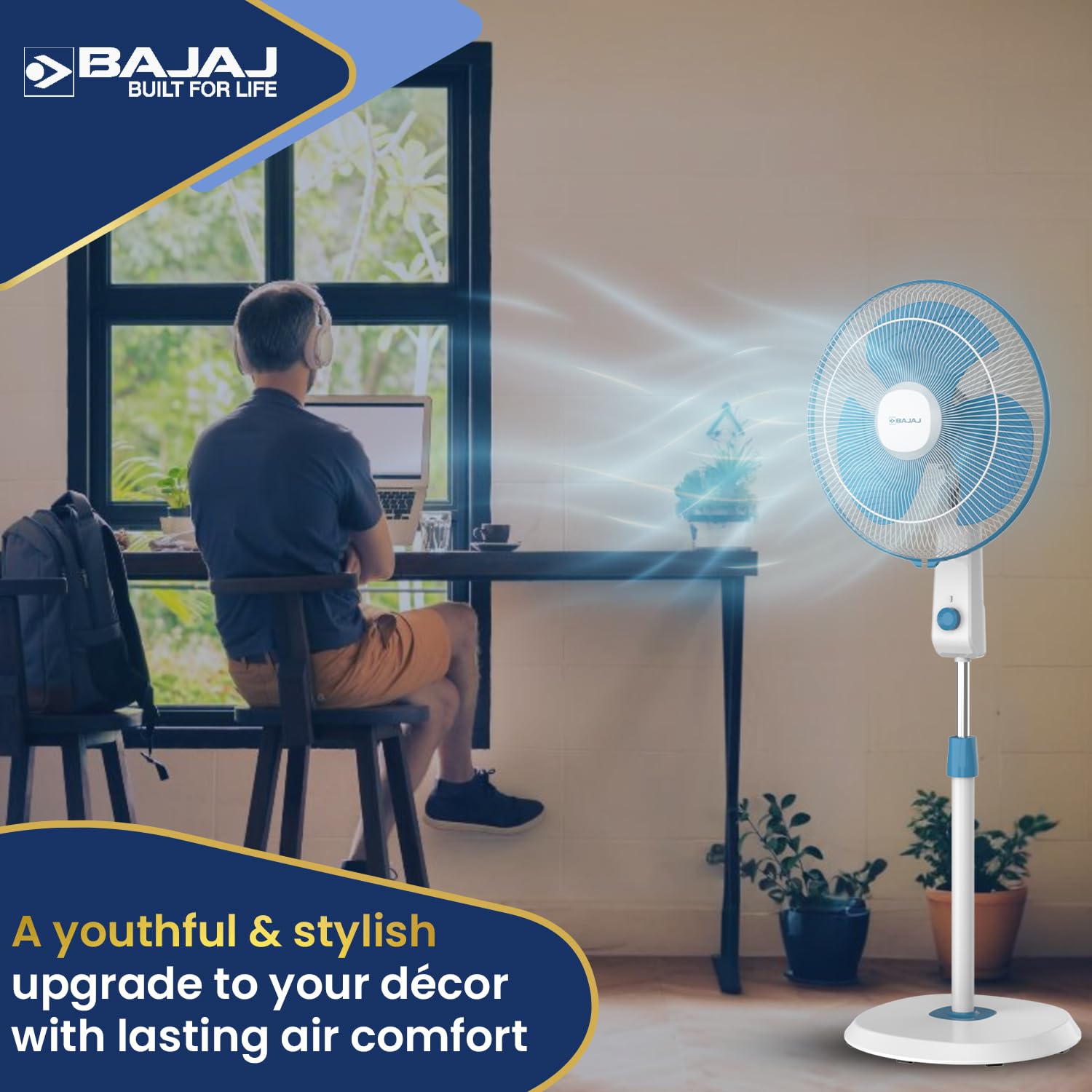 Bajaj Shield Series Robusto High Speed 400mm Pedestal Fan ?Blue & White?