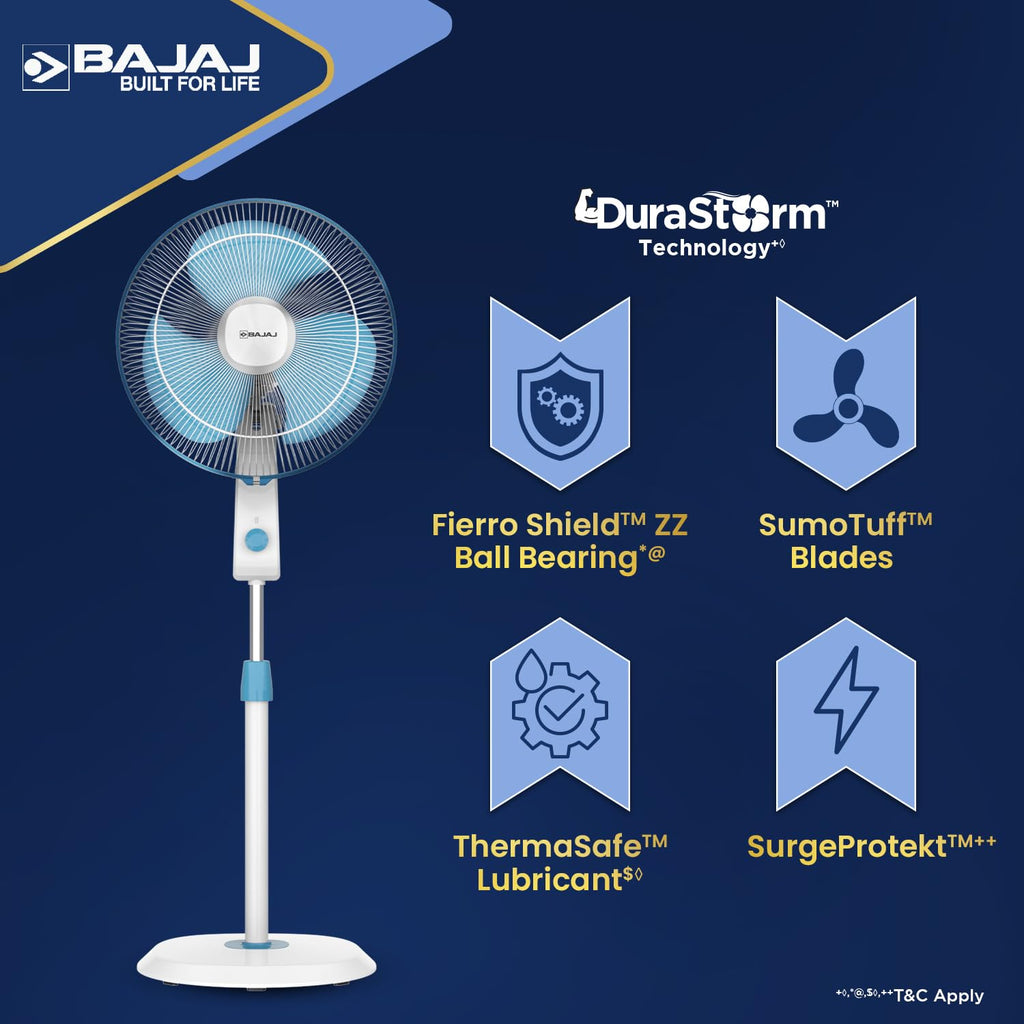 Bajaj Shield Series Robusto High Speed 400mm Pedestal Fan ?Blue & White?