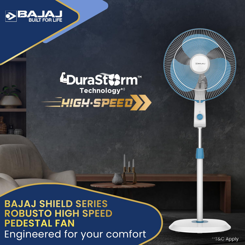Bajaj Shield Series Robusto High Speed 400mm Pedestal Fan ?Blue & White?