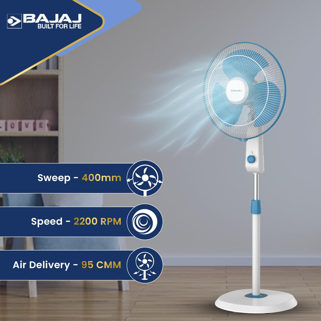 Bajaj Shield Series Robusto High Speed 400mm Pedestal Fan ?Blue & White?