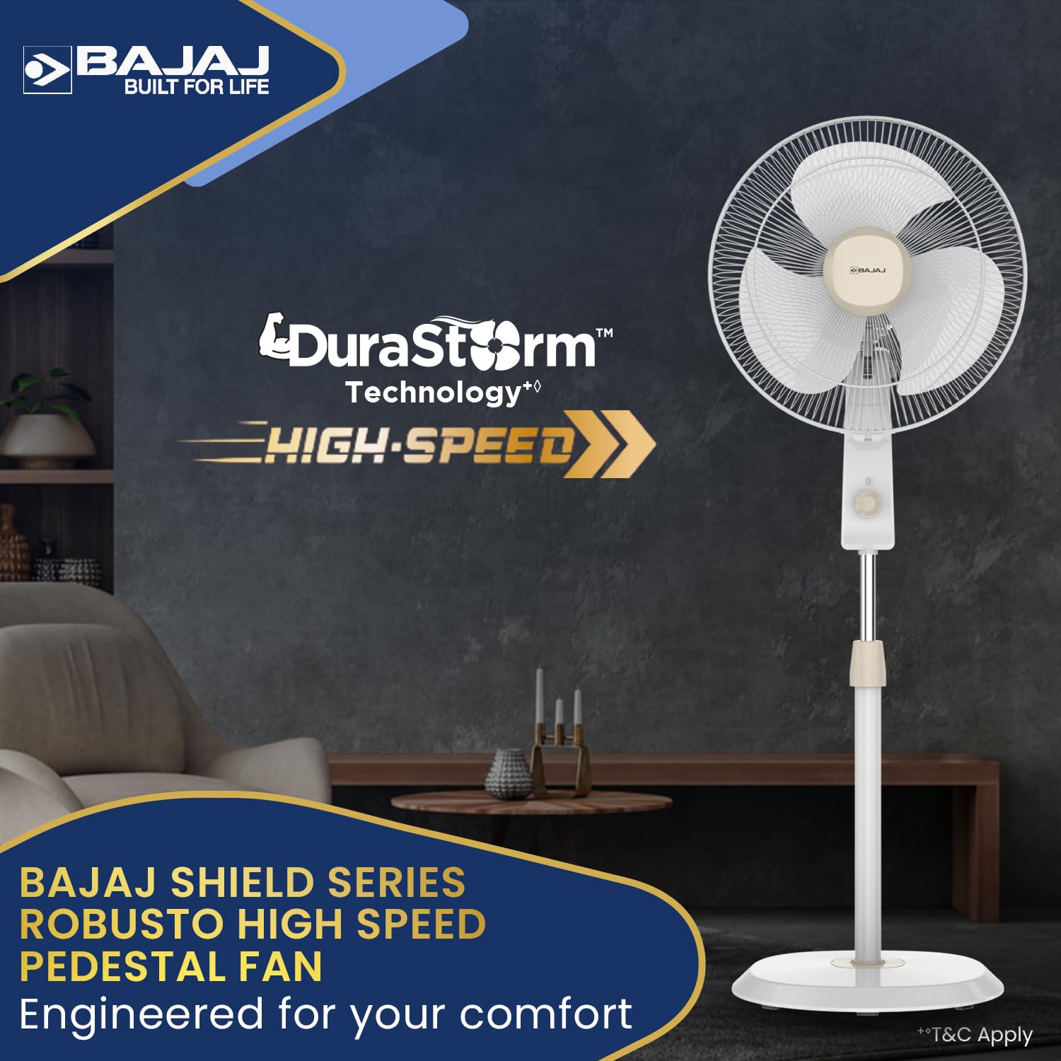Bajaj Shield Series Robusto High Speed 400mm Pedestal Fan (Beige & White)