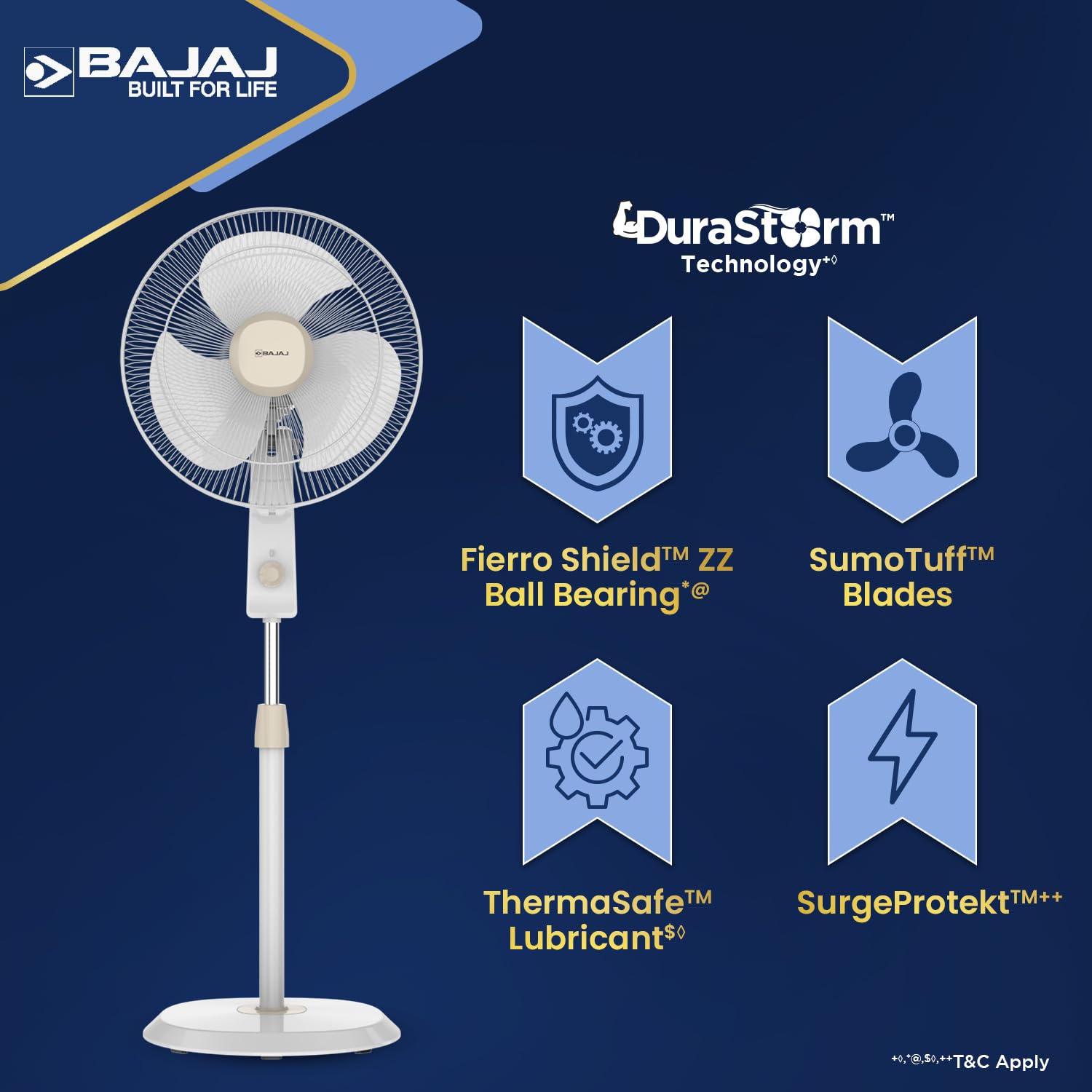 Bajaj Shield Series Robusto High Speed 400mm Pedestal Fan (Beige & White)
