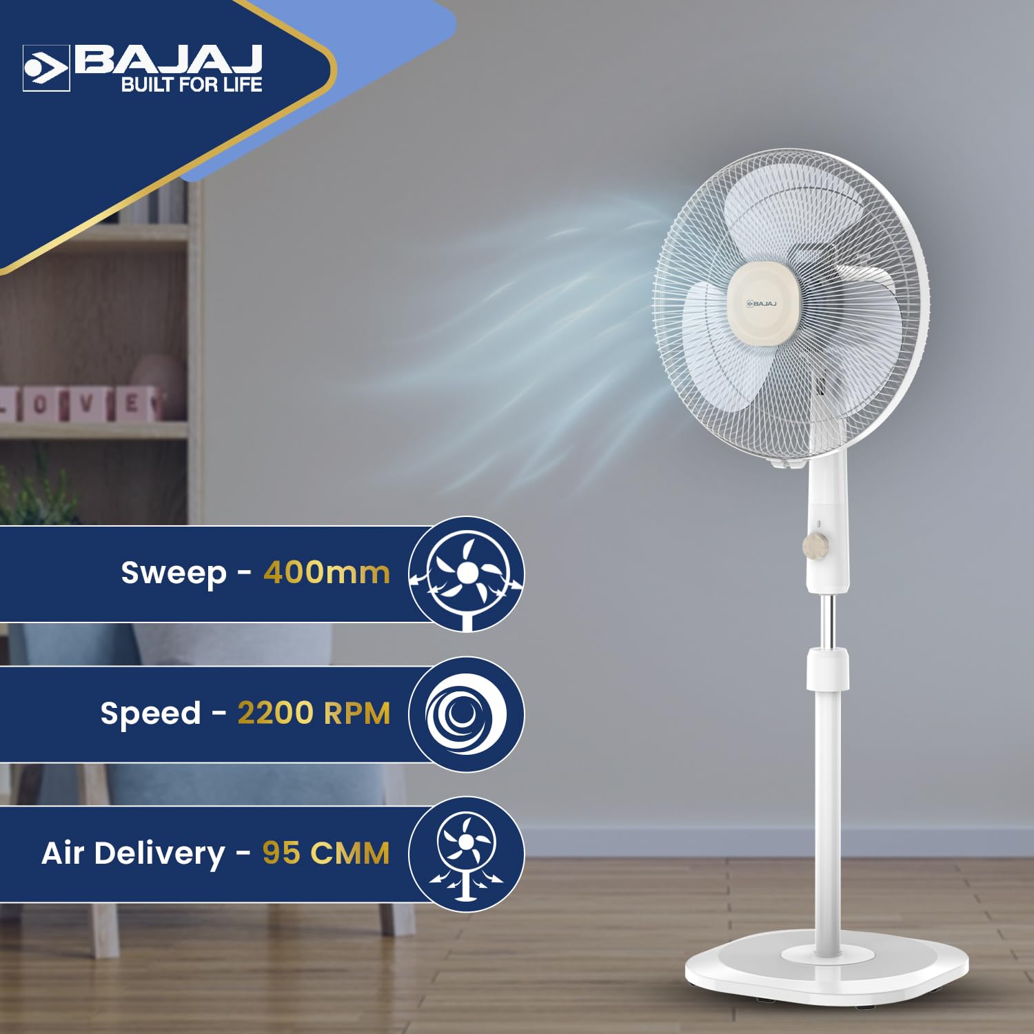 Bajaj Shield Series Robusto High Speed 400mm Pedestal Fan (Beige & White)