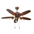 Ceiling fan with wooden blades and light bulbs on a white background