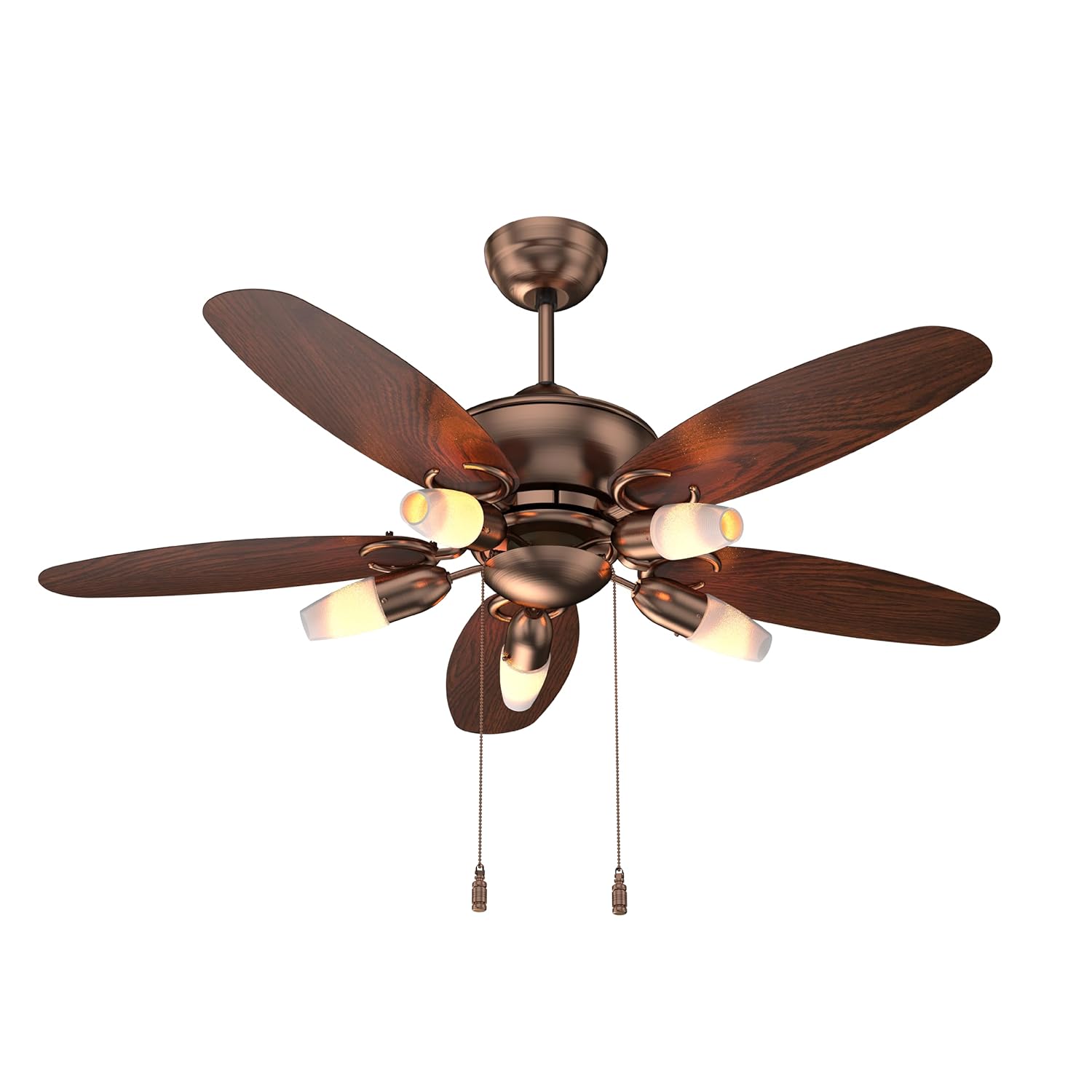 Ceiling fan with wooden blades and light bulbs on a white background