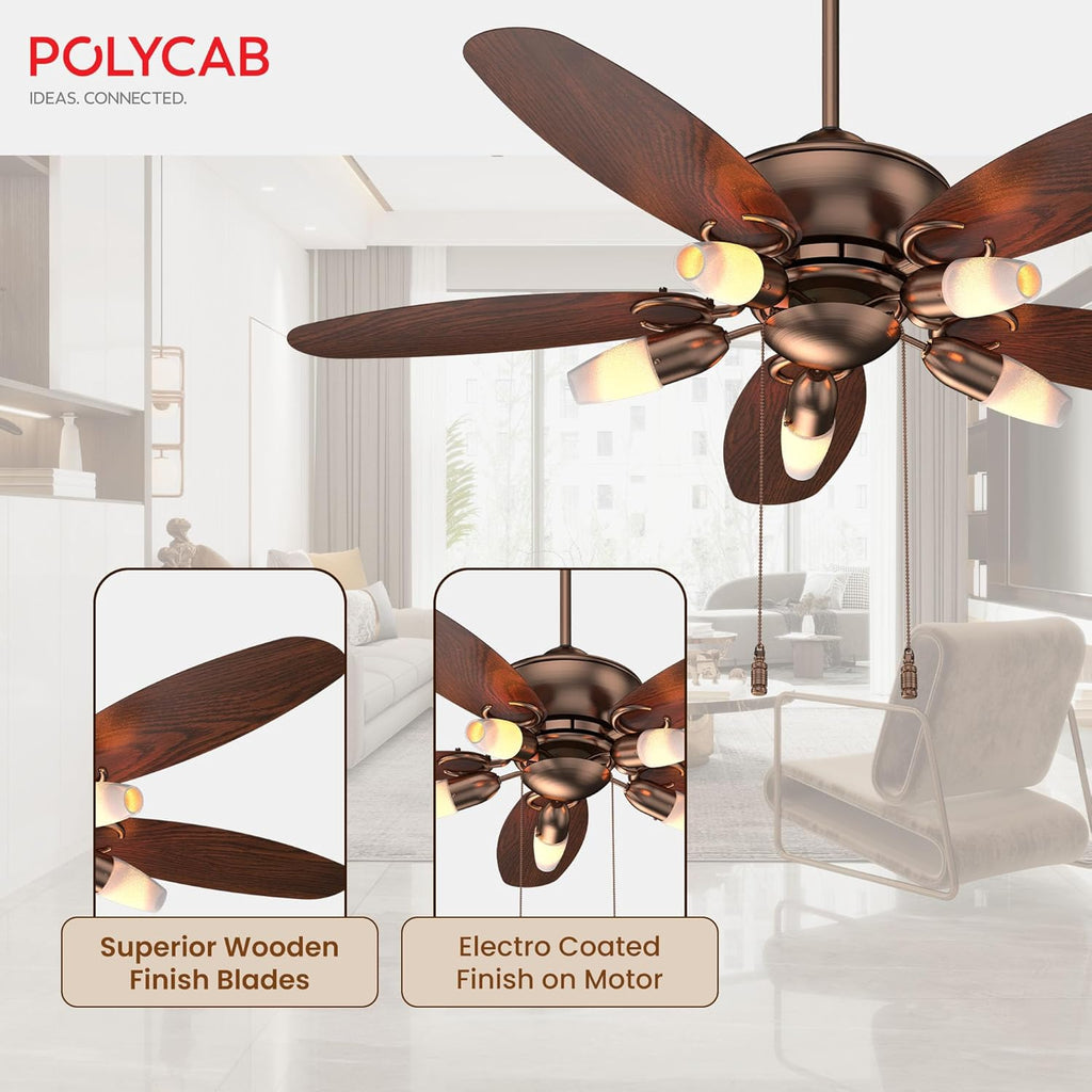 Ceiling fan with wooden blades and electro-coated motor finish, Polycab brand visible