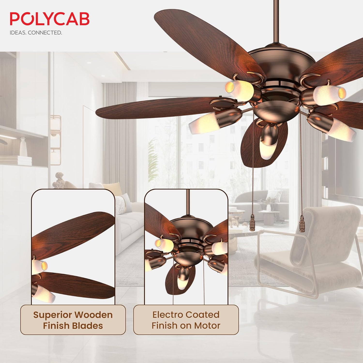 Ceiling fan with wooden blades and electro-coated motor finish, Polycab brand visible
