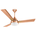 An antique copper ceiling fan with a remote, featuring three blades, an LED light panel, and a copper motor housing.