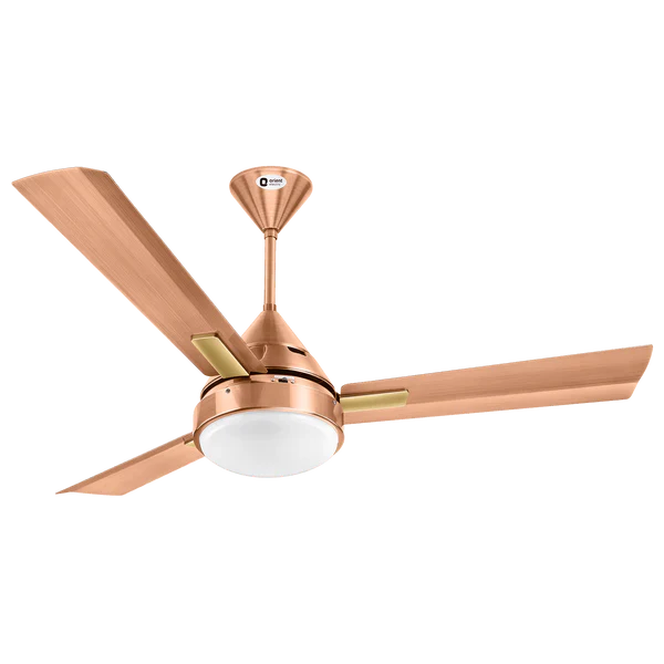 An antique copper ceiling fan with a remote, featuring three blades, an LED light panel, and a copper motor housing.