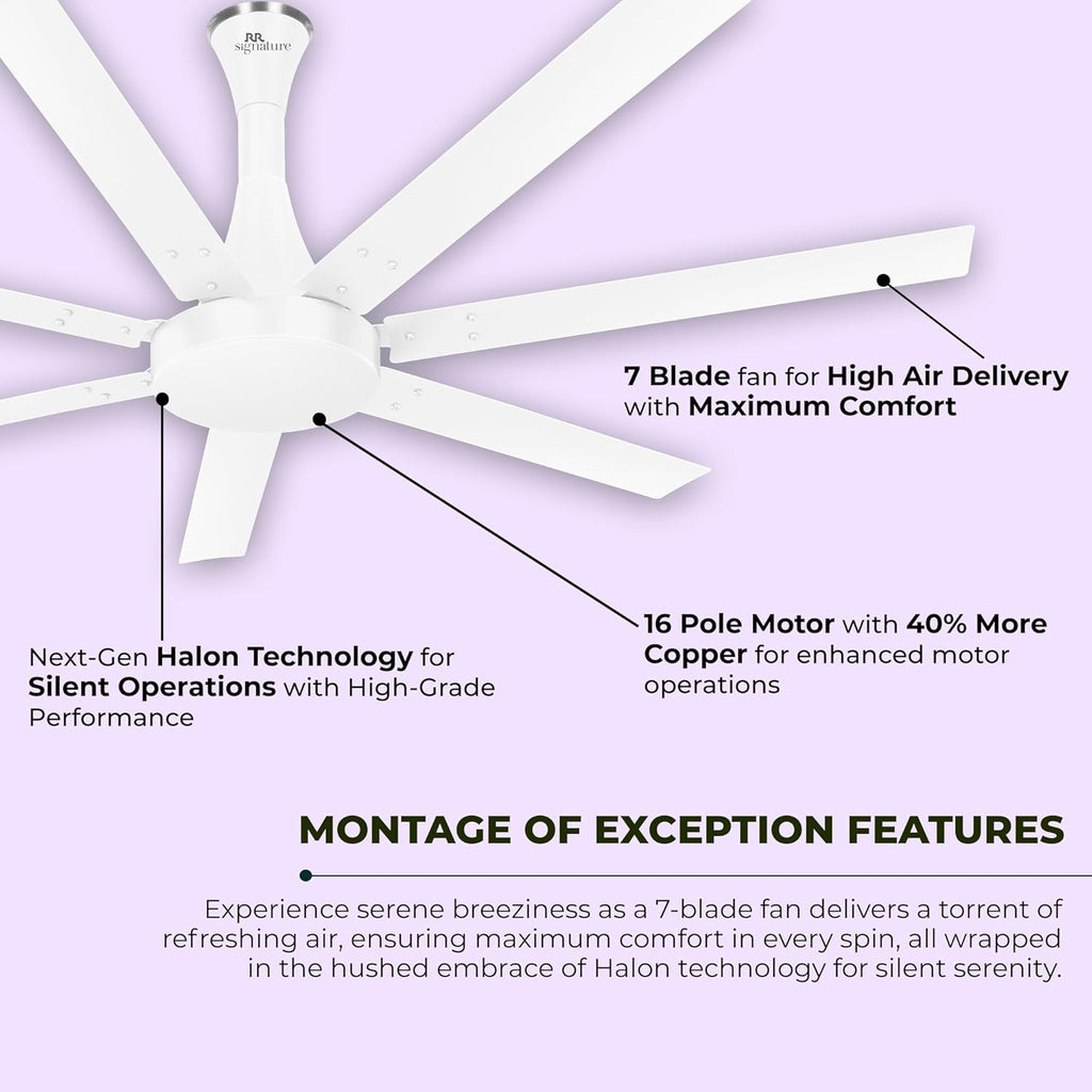 This fan has 7 Blades with maximum comfort and 16 pole motor with 40% More Copper to enhance motor operation with high grade performance.