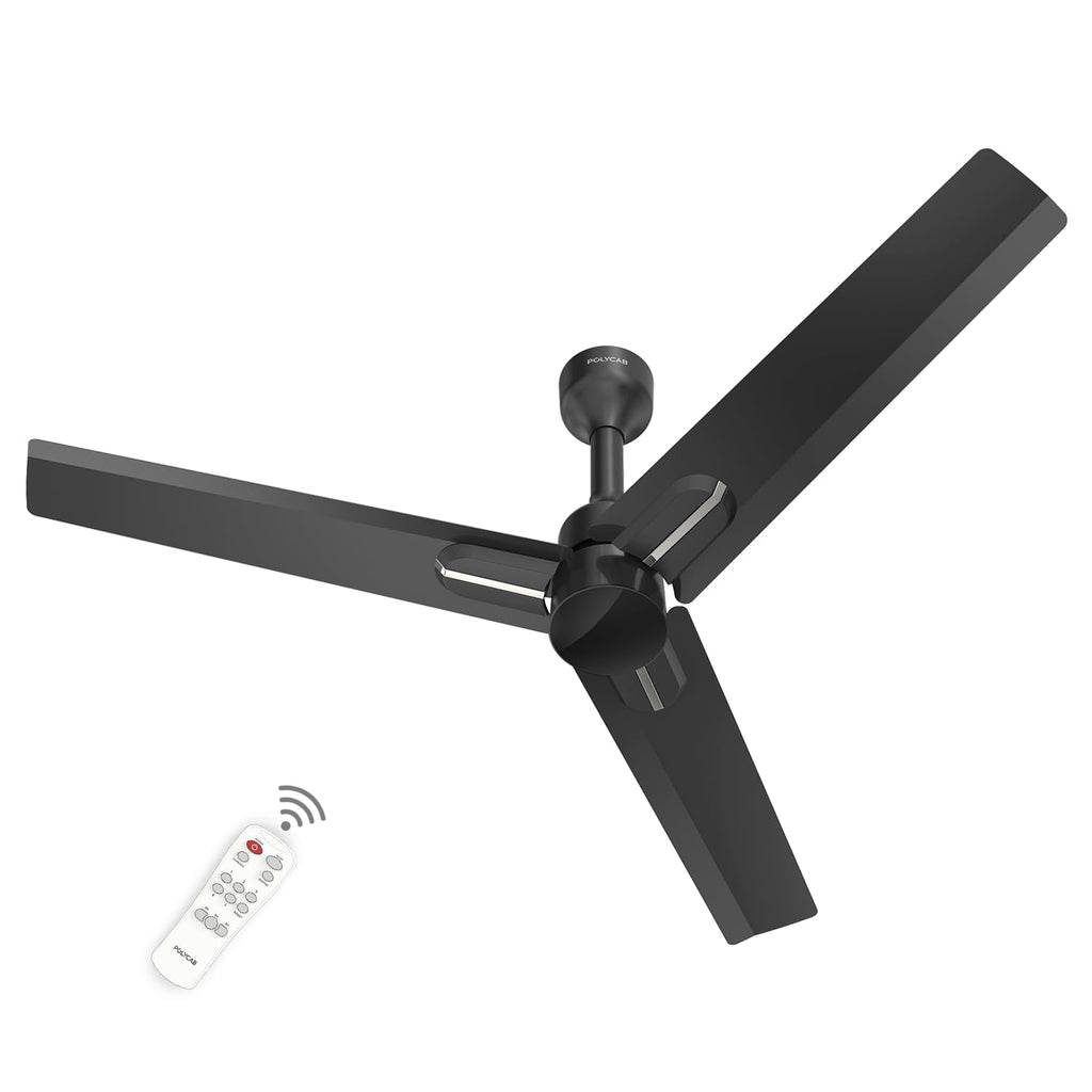 Black Silver ceiling fan with remote with white background .