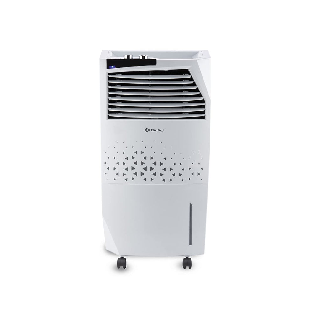 A white Bajaj Shield Series Skive Nios 36L Tower Air Cooler with 4-way swing deflection louvers.