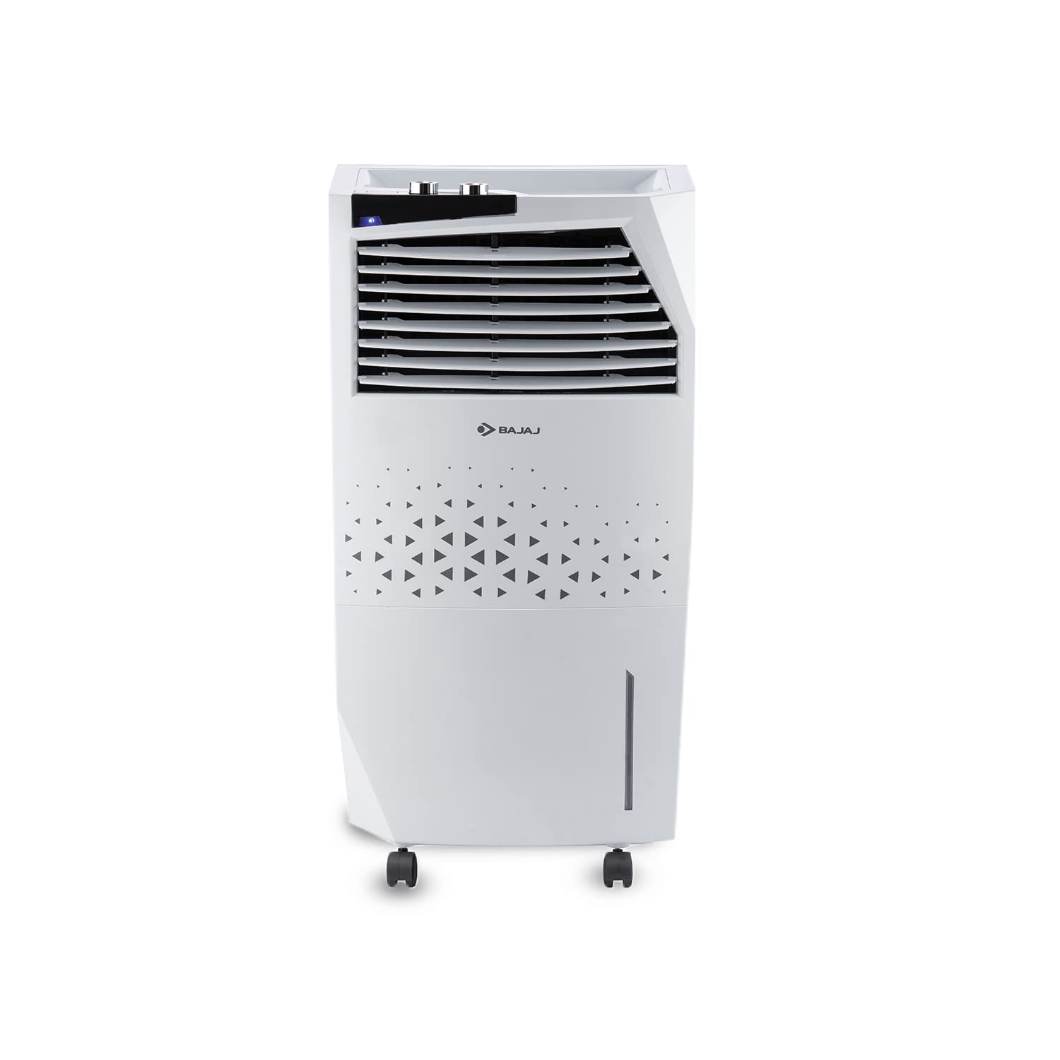 A white Bajaj Shield Series Skive Nios 36L Tower Air Cooler with 4-way swing deflection louvers.