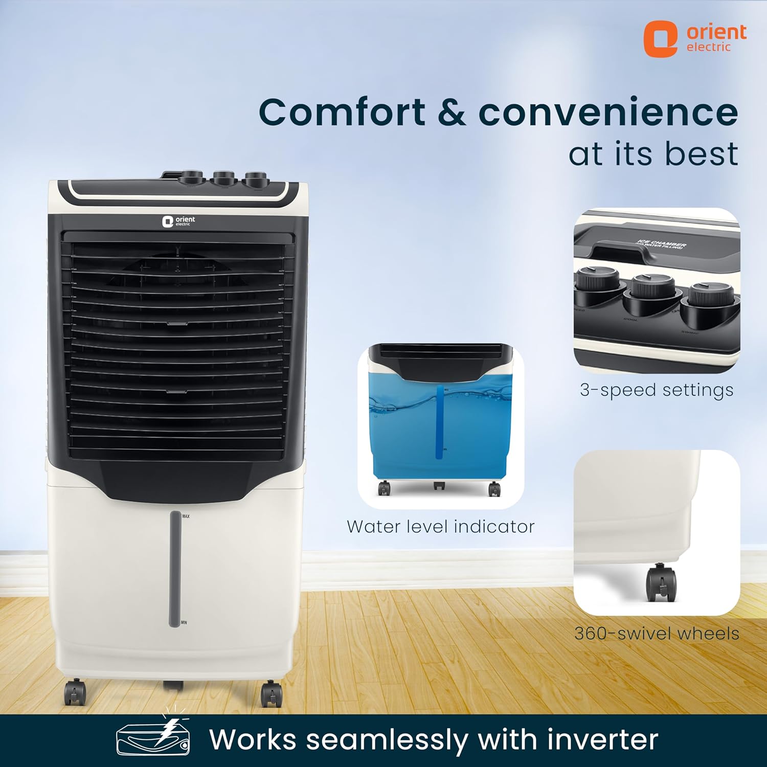 This cooler has comfort and convenience at its est with 3-speed settings , water level indicator with 360 swivel wheels 