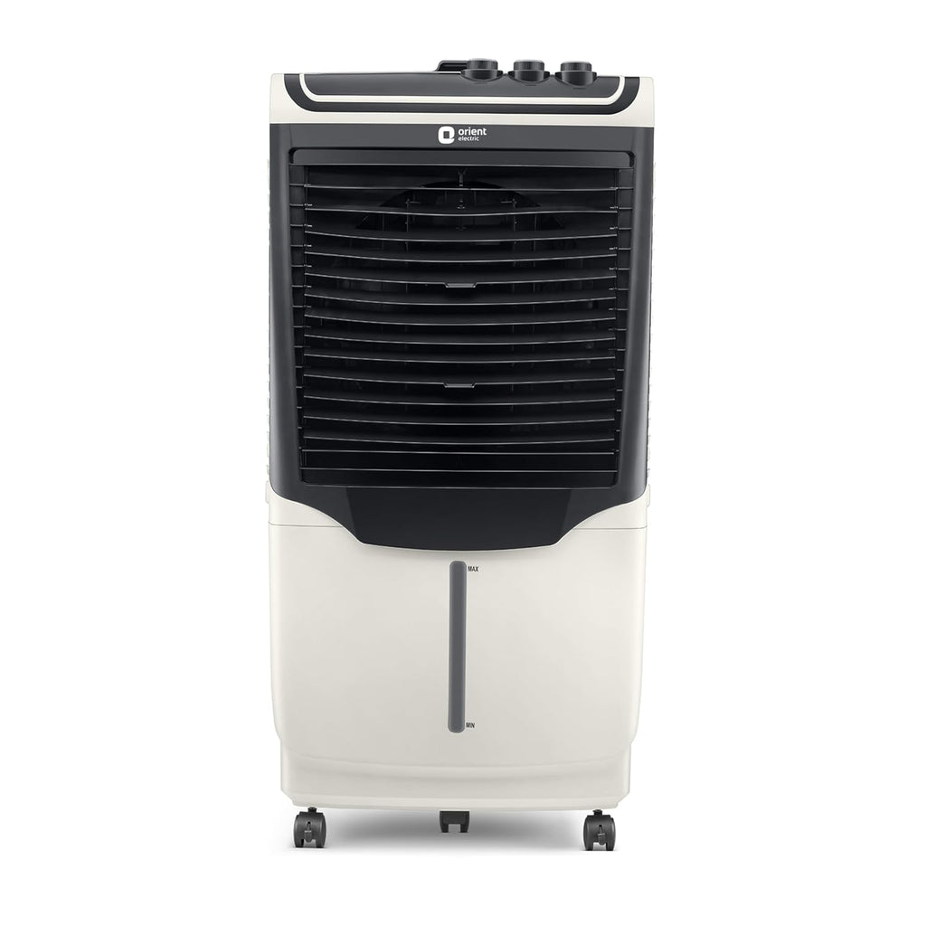  Orient Electric Avante 90 Litre Desert Air Cooler with white & grey color, featuring castor wheels for mobility and an ice chamber on the top front.