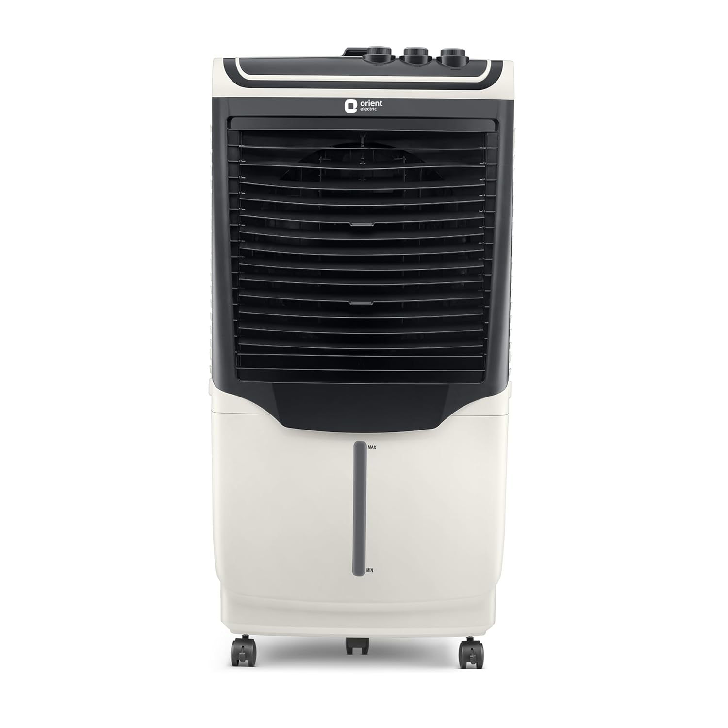  Orient Electric Avante 90 Litre Desert Air Cooler with white & grey color, featuring castor wheels for mobility and an ice chamber on the top front.