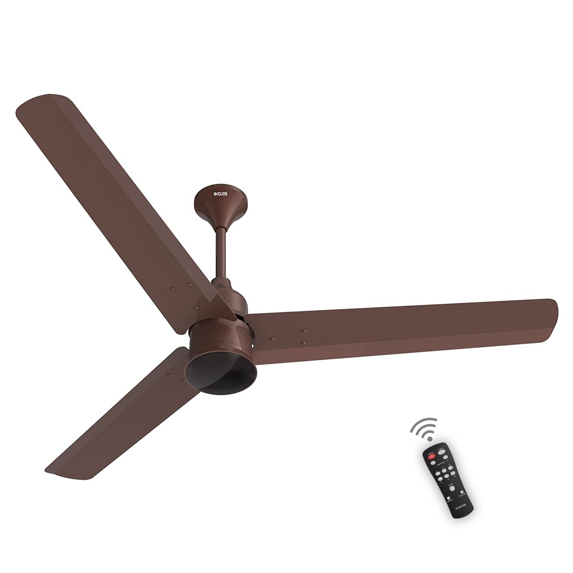 A Polycab Silencio Mini 900mm ceiling fan in Espresso Brown color with three blades and a remote control.