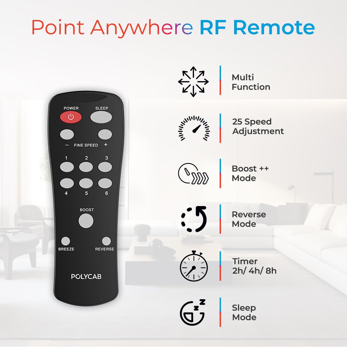 Black remote control with features listed on a white background