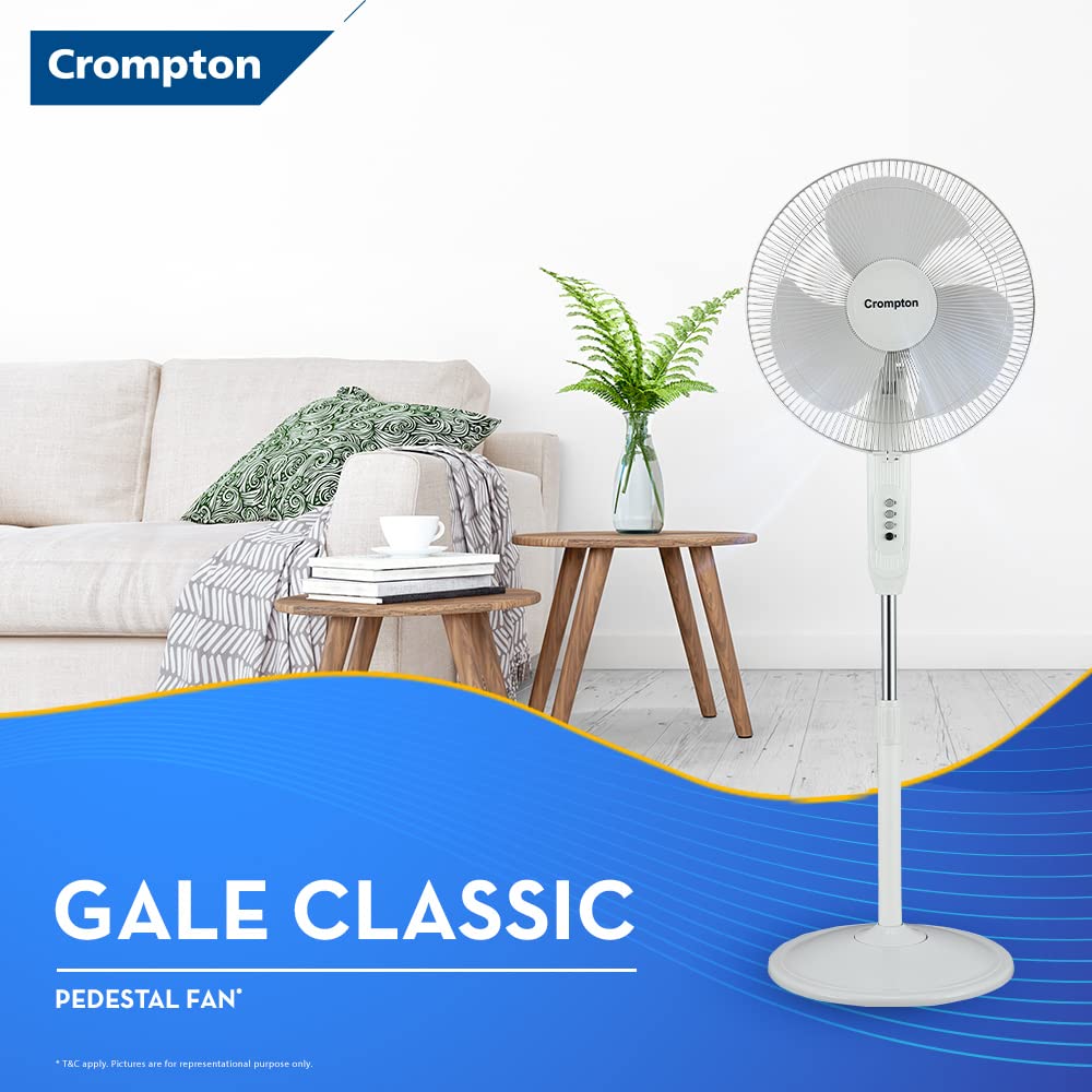 A crompton Gale Classic Pedestal fan 400mm with white background has superior air delivery