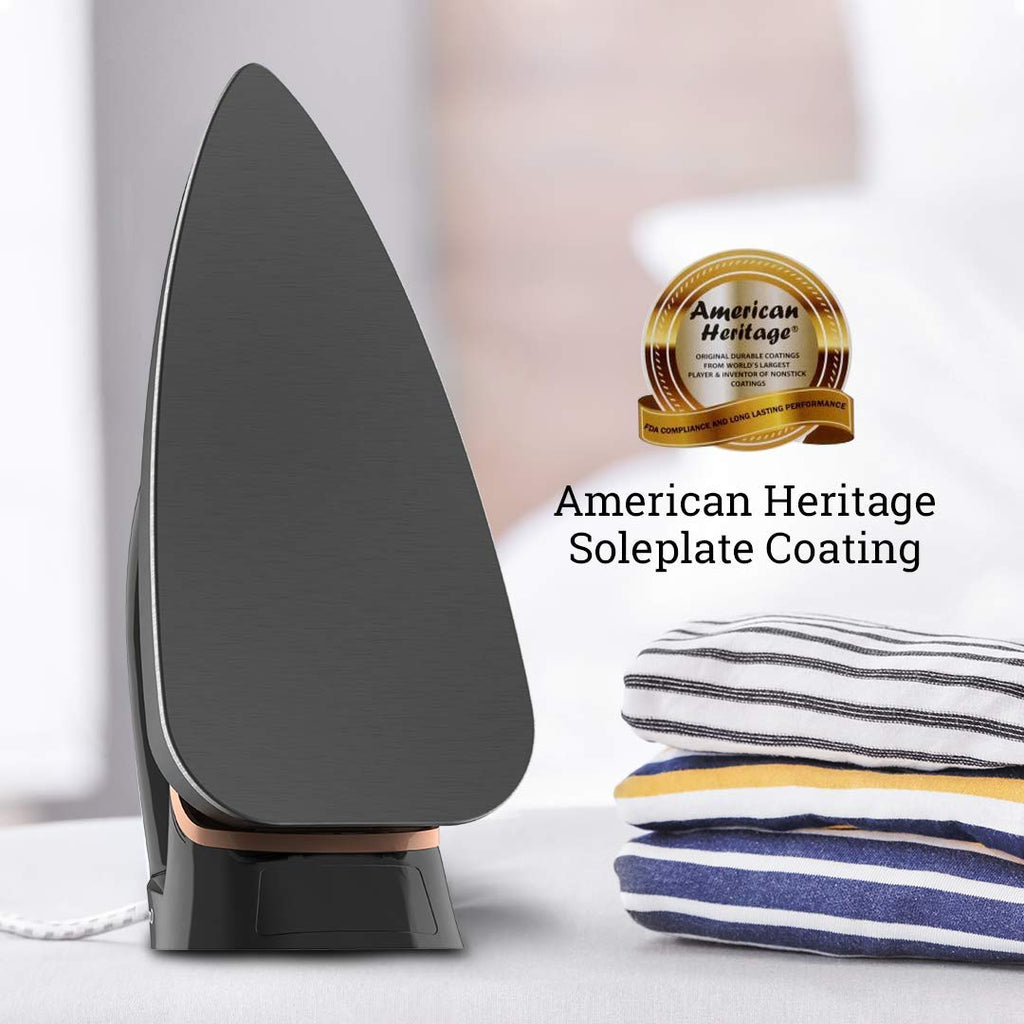 a dry iron with clothes has a feature of american heritage soleplate coating
