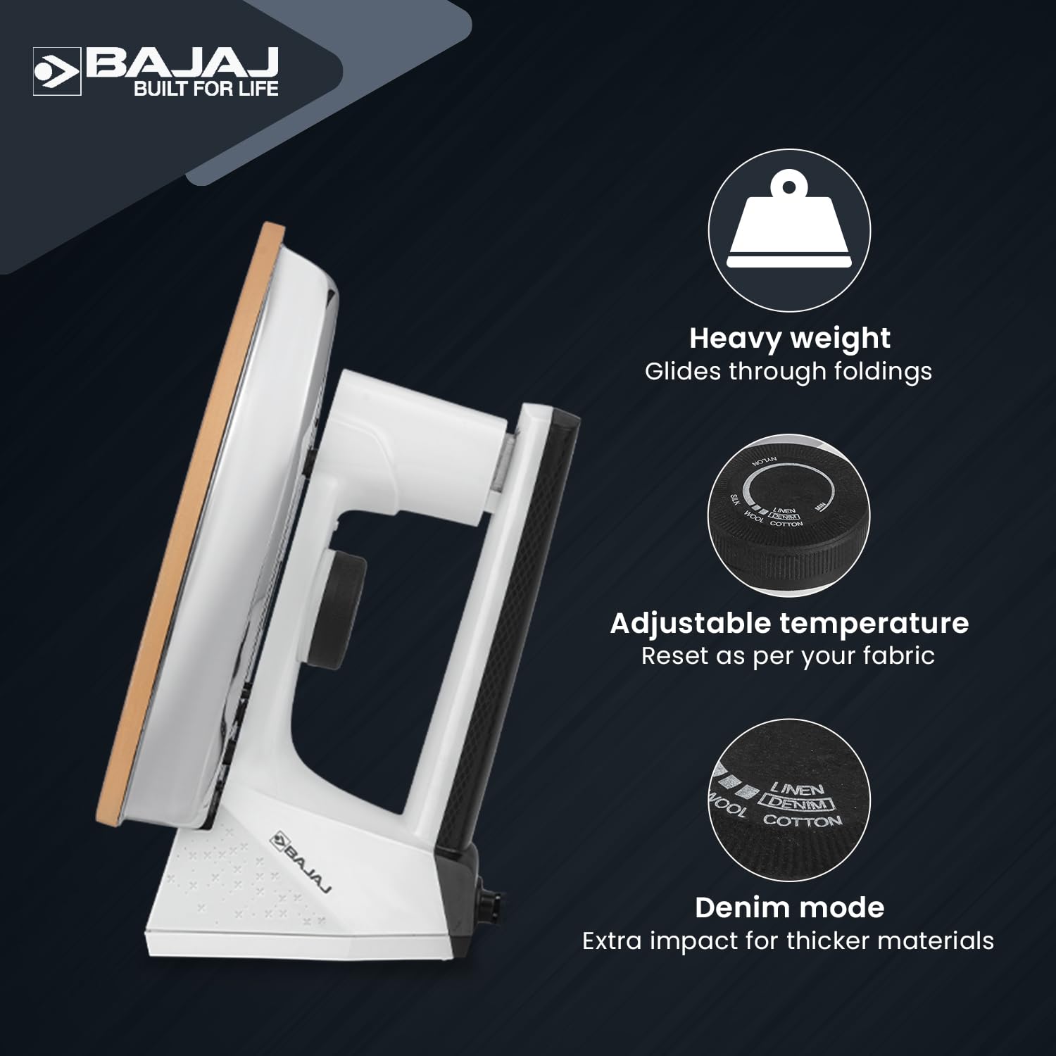 Bajaj Dx16 1100W Heavy Weight Dry Iron (White & Black)