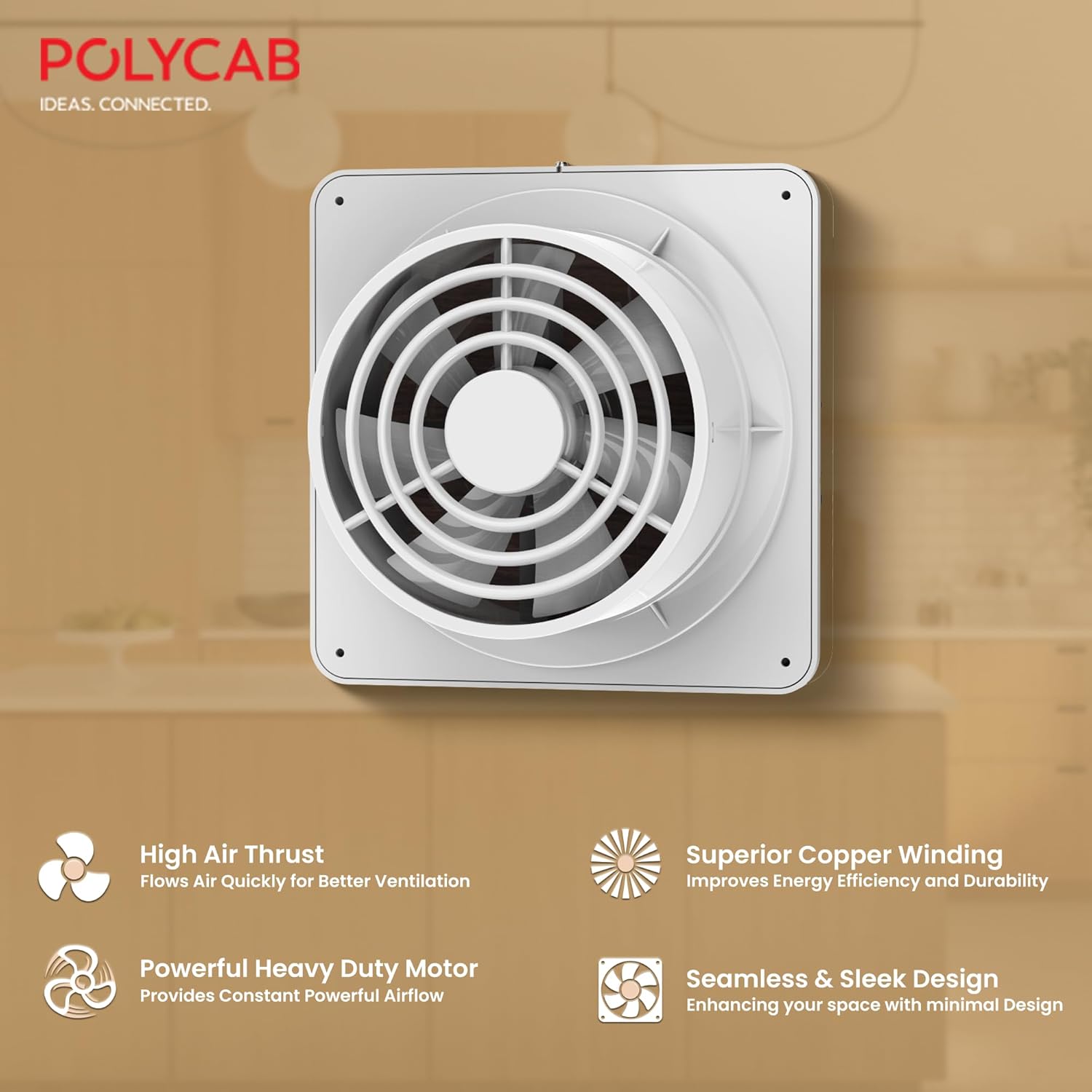 The exhaust fan has high air thrust , superior copper winding , powerful heavy duty motor and has seamless and sleek desig n 