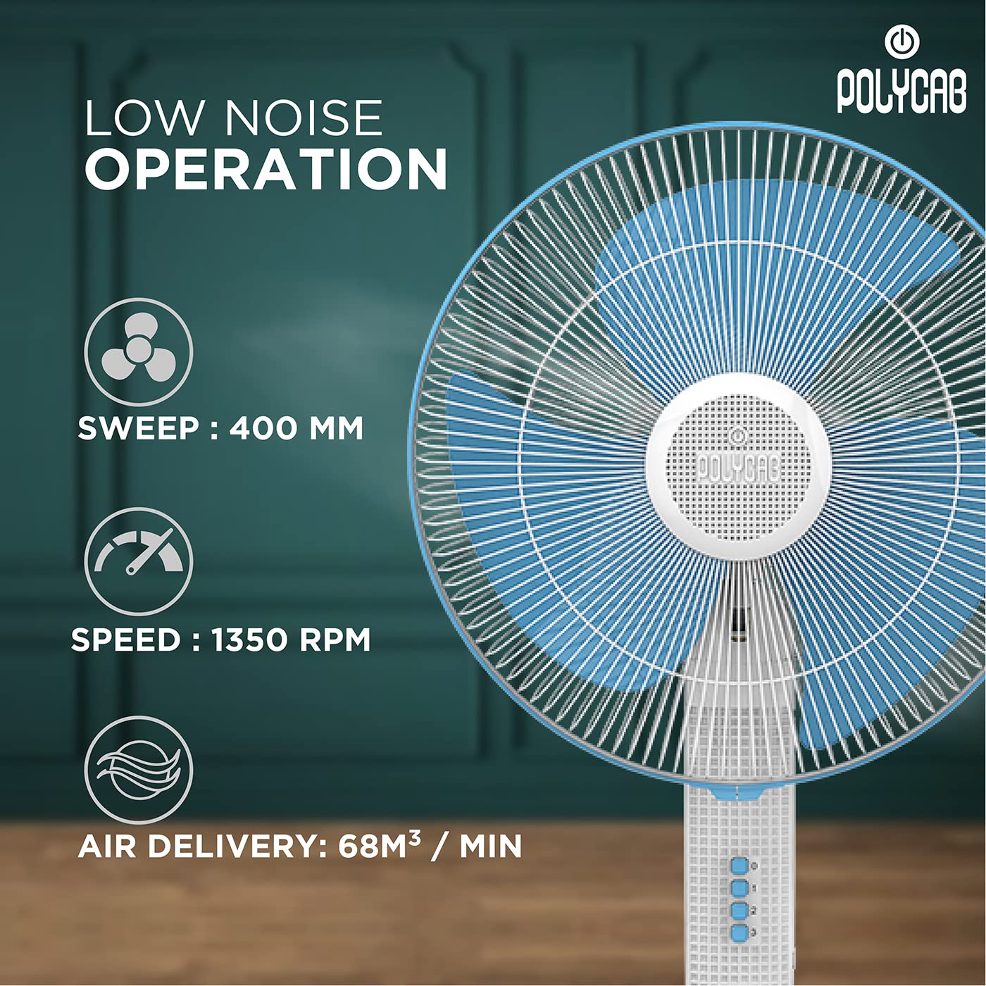 Polycab Aery 400mm Oscillating Pedestal Fan (Turquish Blue)