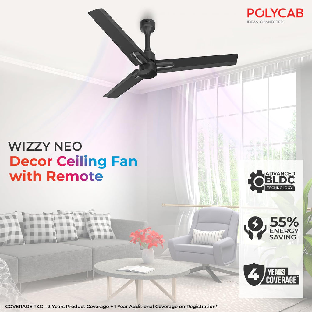 this ceiling fan saves 55% Energy Saving with 4 years of coverage with advanced BLDC Technology .
