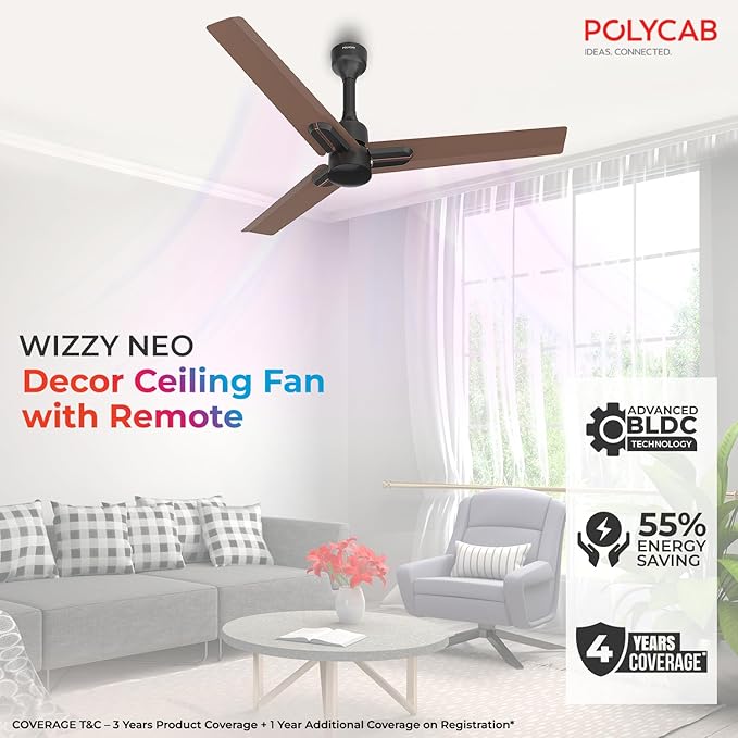 This ceiling fan has Advanced BLDC technology , 55% Energy aving and has 4 years of Coverage 
