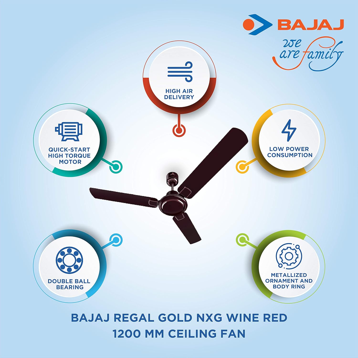 Bajaj Regal Gold NXG 1200mm Decorative Ceiling Fan (Matte Wine Red)