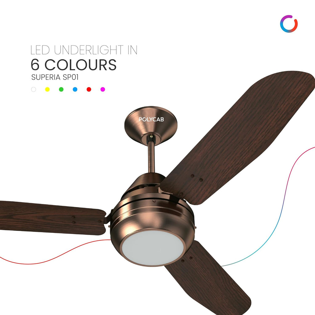 The Polycab Superia Sp01 ceiling fan has Led underlight with  Colours changing mode in it and operates with remote .
