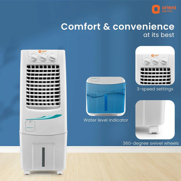 This Orient Cooler super cool 30L has Comfort and Convenience at its best with water level indicator , 3-speed settings and 360-degrees swivel wheels 