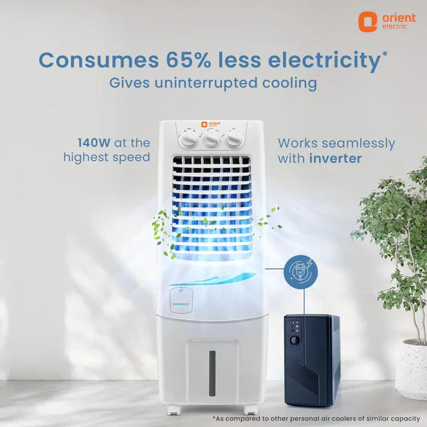 This orient electric super cool 30L consumes  65% less electricity with 140W at the highest speed which works seamlessly with inverter .