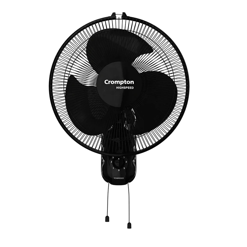 A black Crompton Torpedo 400mm high-speed wall fan with ABS blades, featuring a three-speed control dial and wall mount design.