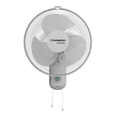 A white Crompton Torpedo 400mm high-speed wall fan with ABS blades, constructed for durability, mounted on a wall.